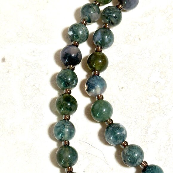 Genuine Gemstone Green Moss Agate Silver Cat on the Moon Beaded Short Necklace - Picture 8 of 13